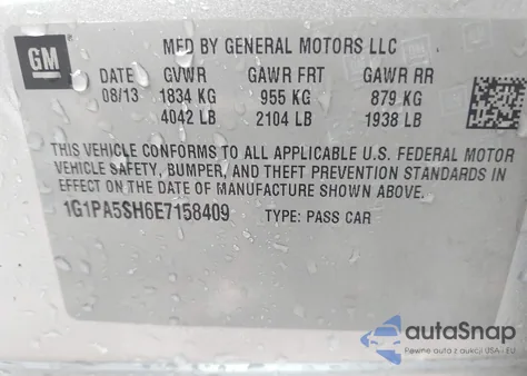 2014 Chevrolet Cruze Ls Auto из США, поврежденный, VIN 1G1PA5SH6E7158409